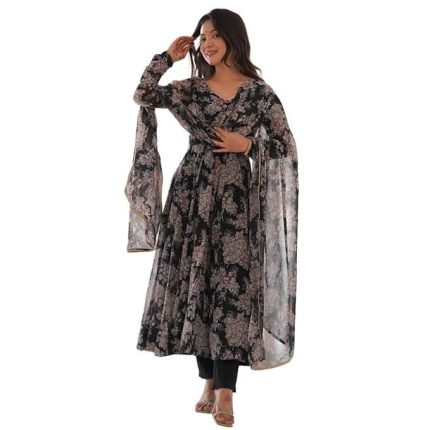 Women's Heavy Pure Soft Georgette Anarkali V-neck Long Sleeve Kurti With Matching Pant and Digital Printed Work Heavy Matching Dupatta Set.